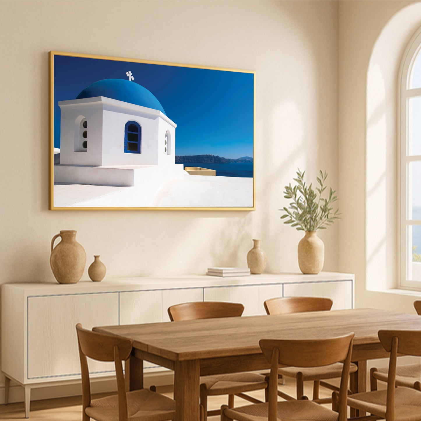 Santorini Blue Dome Church – Greek Island Wall Art, Minimal Coastal Icon