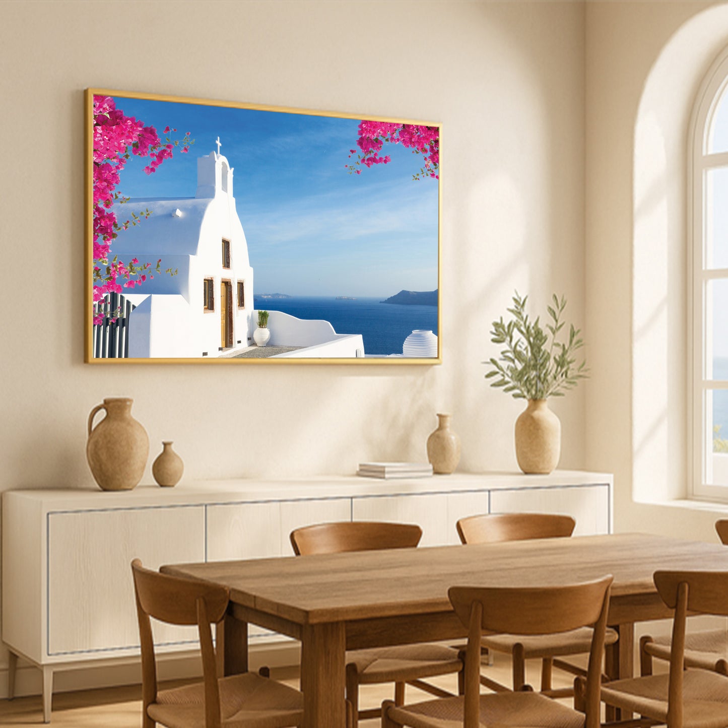 Santorini Cliffside Chapel Wall Art – Aegean Sea View with Bougainvillea Blossoms