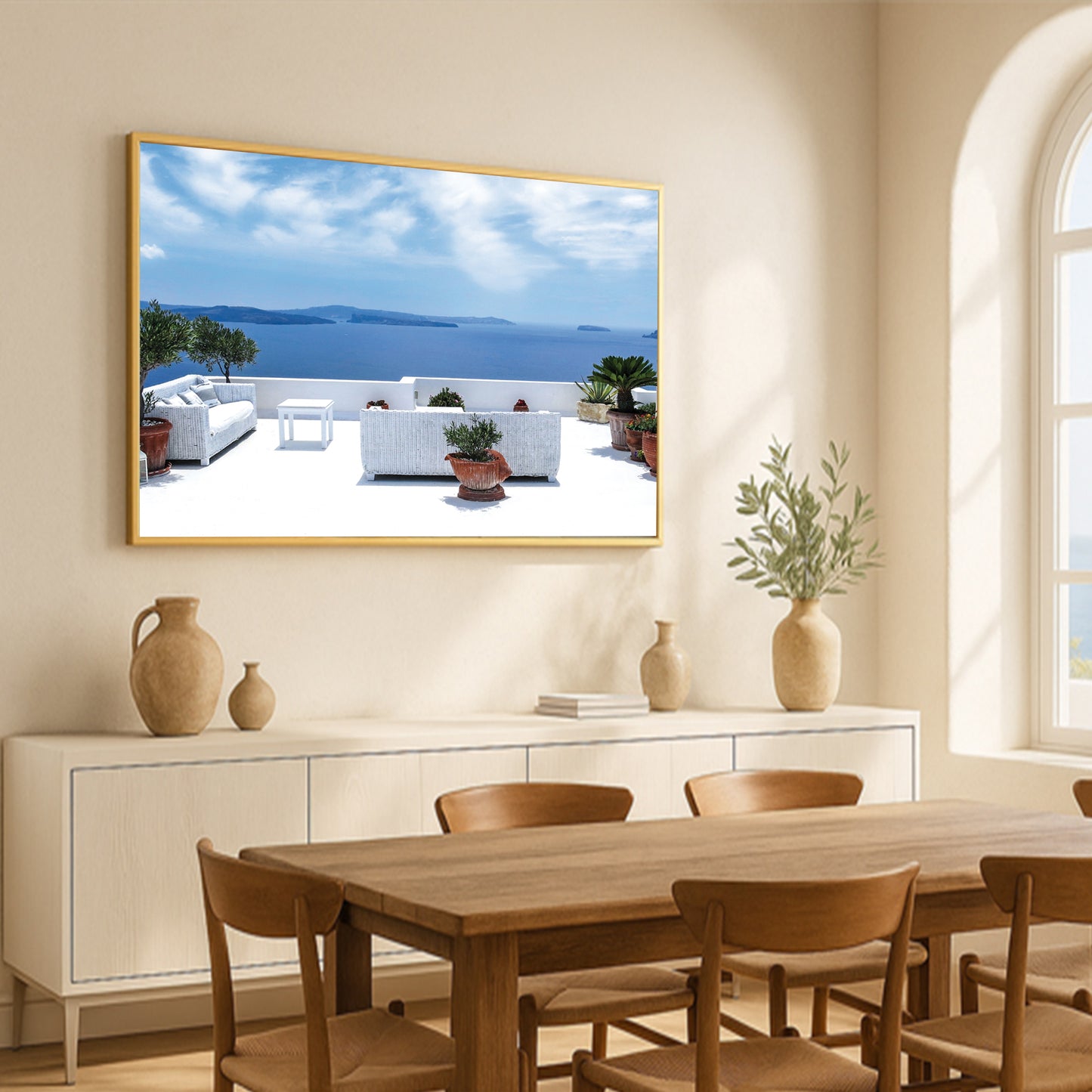 Santorini Serenity β White Balcony Wall Art, Aegean Sea View, Luxury Travel Decor
