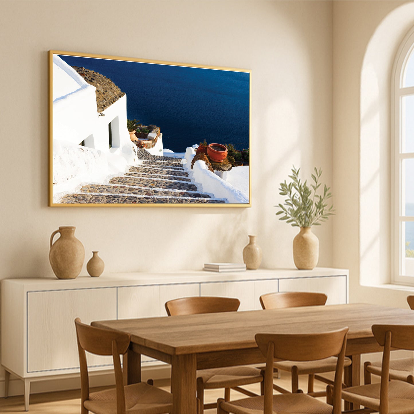 Santorini Steps – Greek Island Stone Path Wall Art, Aegean Sea View