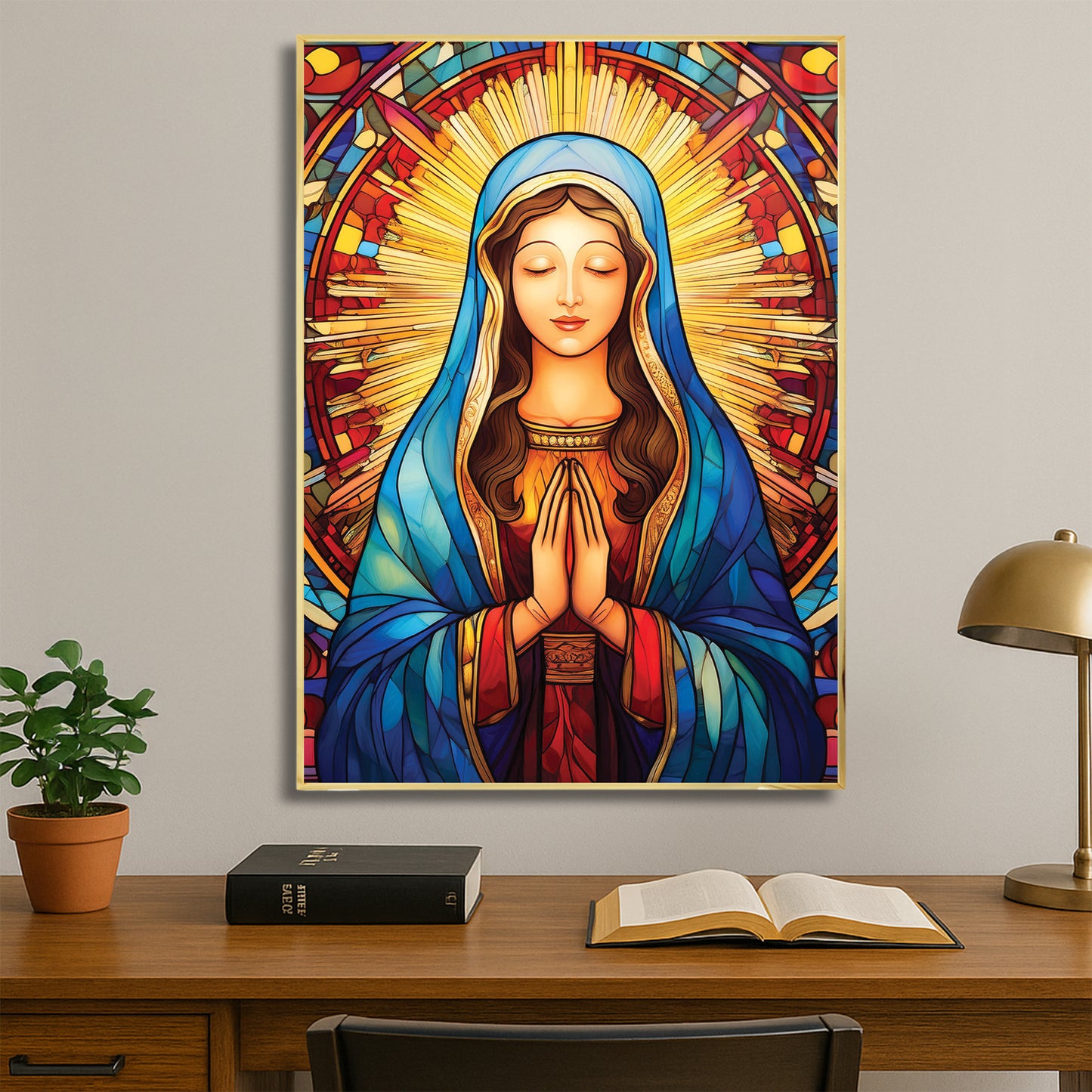 Gentle Mary in Prayer, Stained Glass Wall Art – Holy Virgin Icon