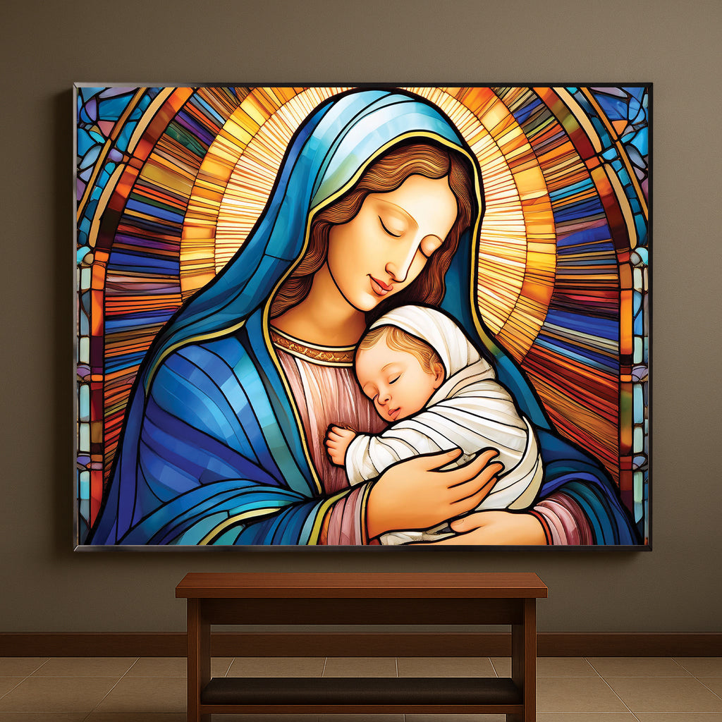 Virgin Mary and Baby Jesus Wall Art – Stained Glass Christian Décor