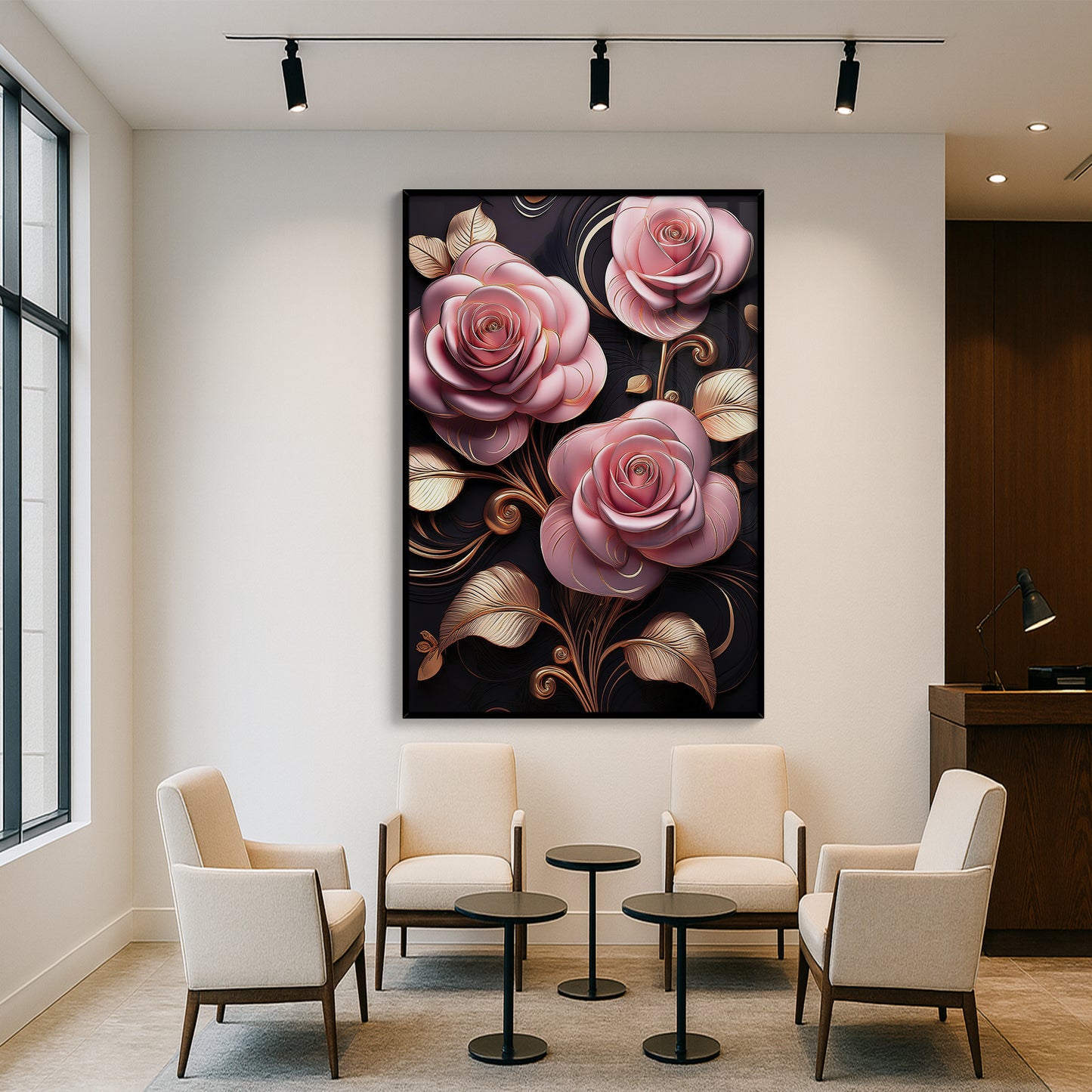 Elegant Light Pink Rose Metal Framed Wall Art – Luxury Floral Design