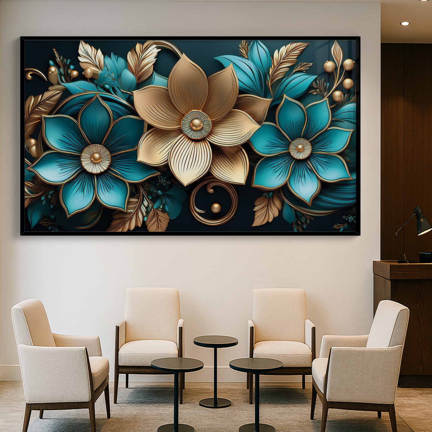 Luxury Blue & Gold Floral Metal Framed Wall Art – Elegant Botanical Design