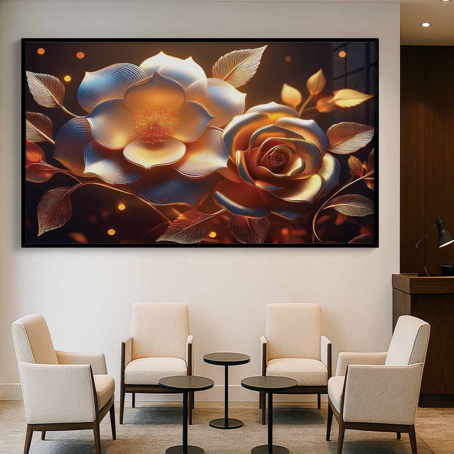 Golden Rose & Light Bloom Metal Framed Wall Art – Radiant Luxury Design
