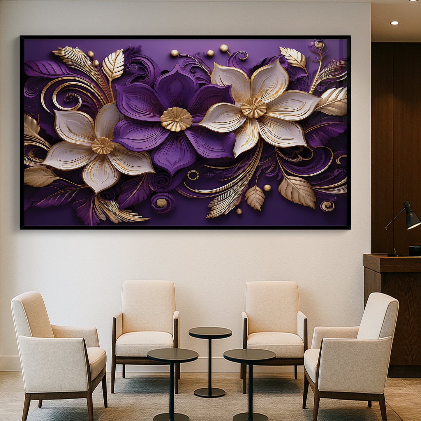 Luxury Purple & Gold Floral Metal Framed Wall Art – Elegant Botanical Design