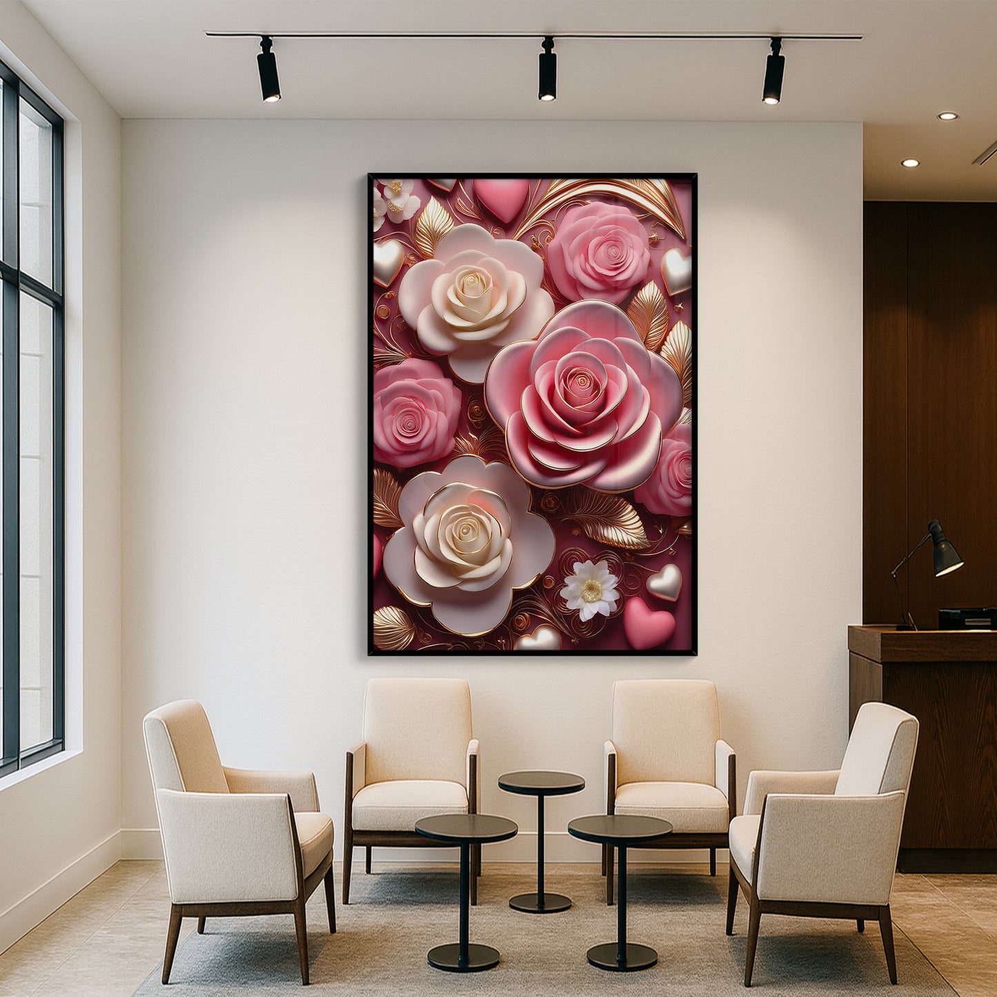 Romantic Pink & White Rose Metal Framed Wall Art – Luxury Floral Design