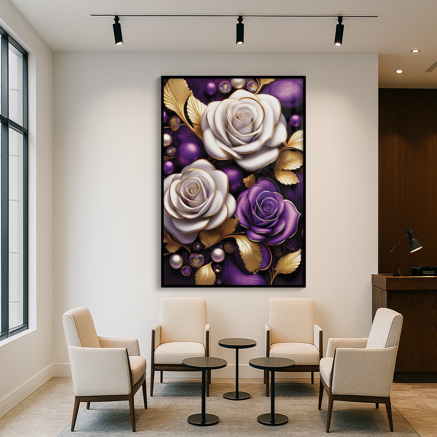 Elegant Purple & White Rose Metal Framed Wall Art – Modern Luxury Décor