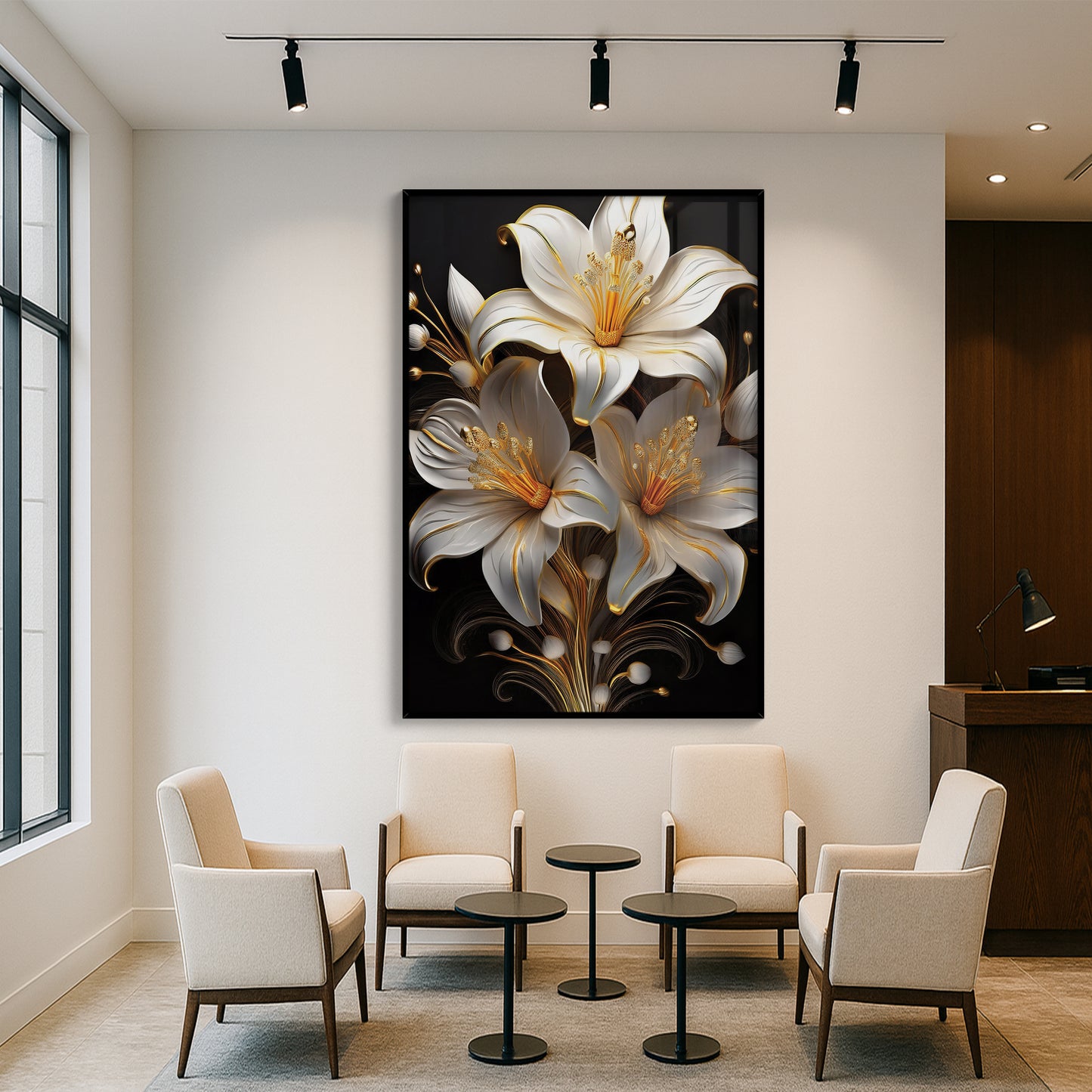 Elegant White & Gold Lily Metal Framed Wall Art – Modern Floral Luxury