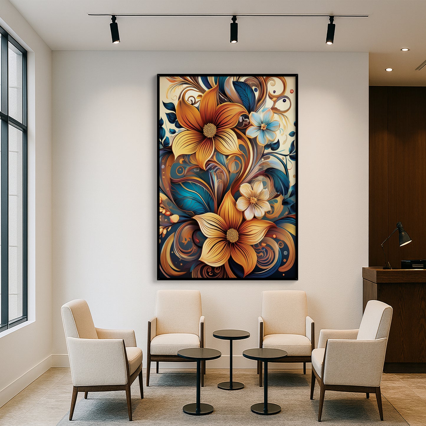 Golden & Cream Floral Metal Framed Wall Art – Elegant Botanical Design