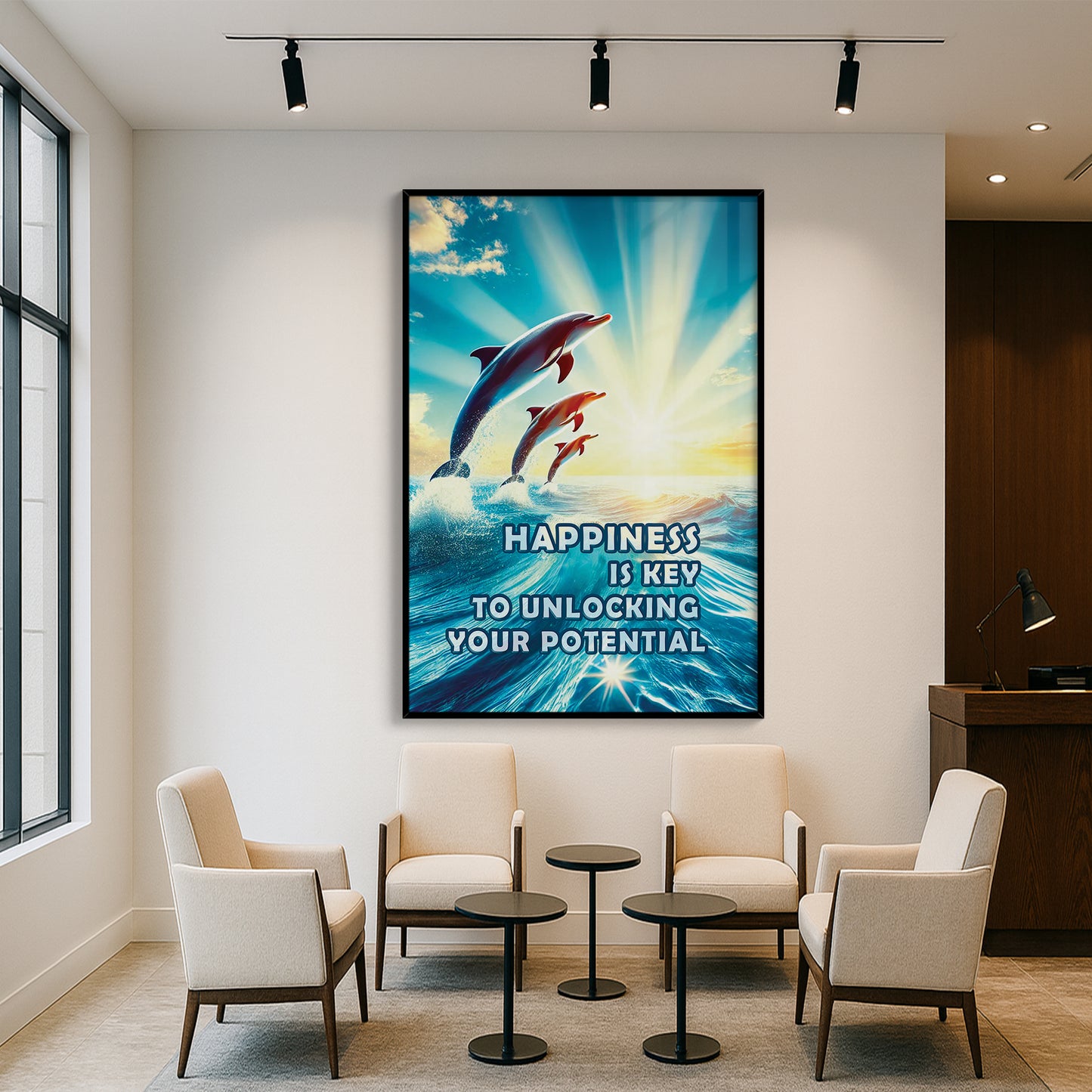 Happiness Unleashed β Dolphin Sunrise Inspirational Wall Art