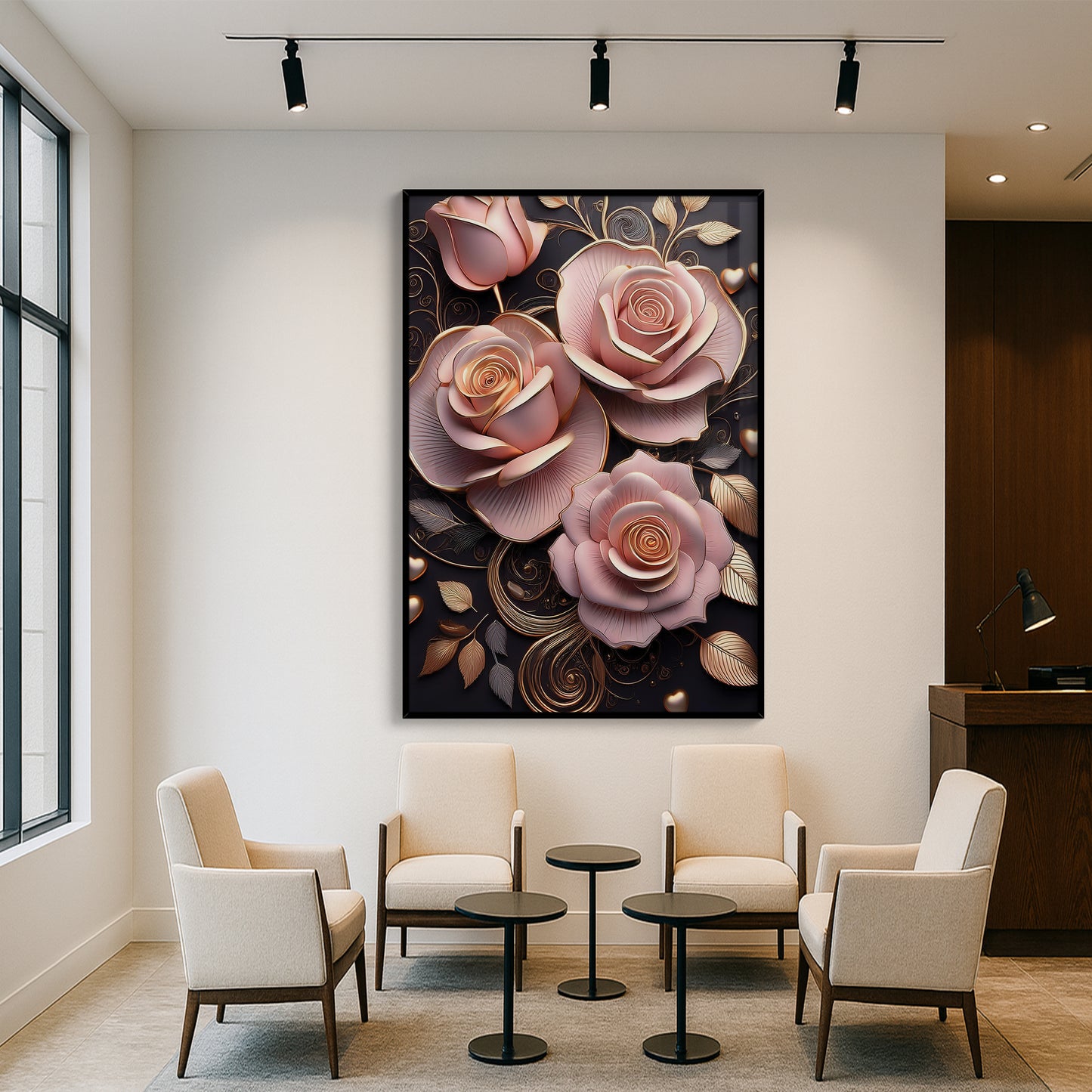 Classic Pink Rose Metal Framed Wall Art – Romantic Luxury Décor