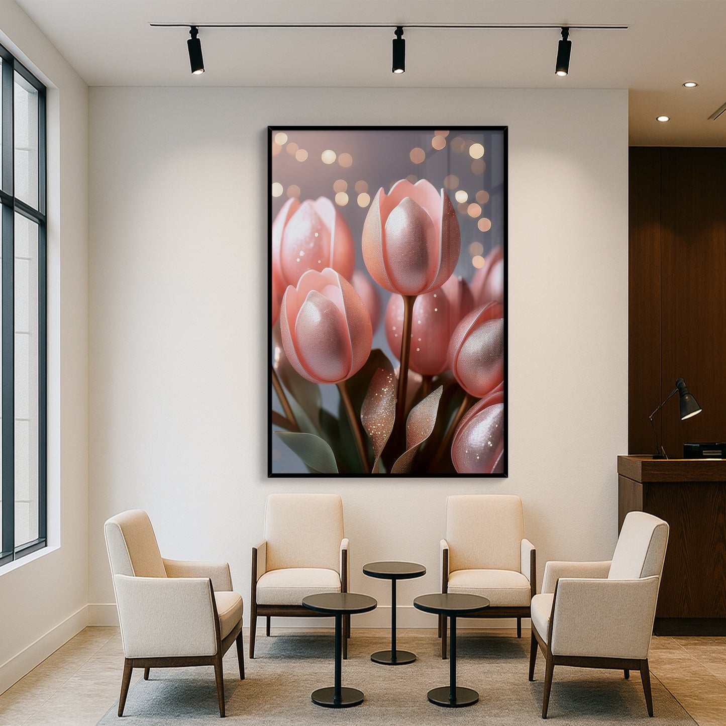 Blush Pink Tulip Bouquet Metal Framed Wall Art – Romantic Modern Décor