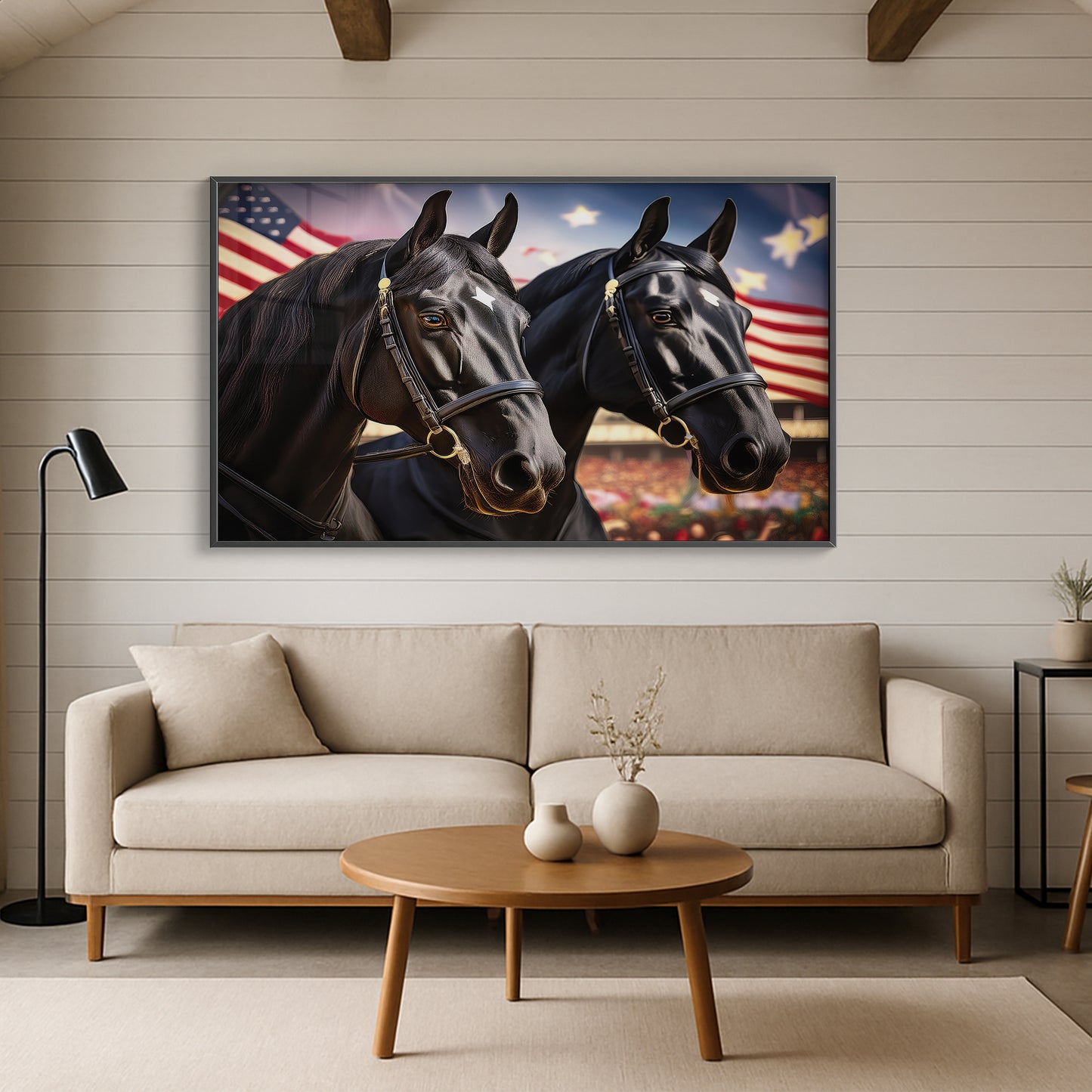 American Pride – Black Percheron Draft Duo with Flags