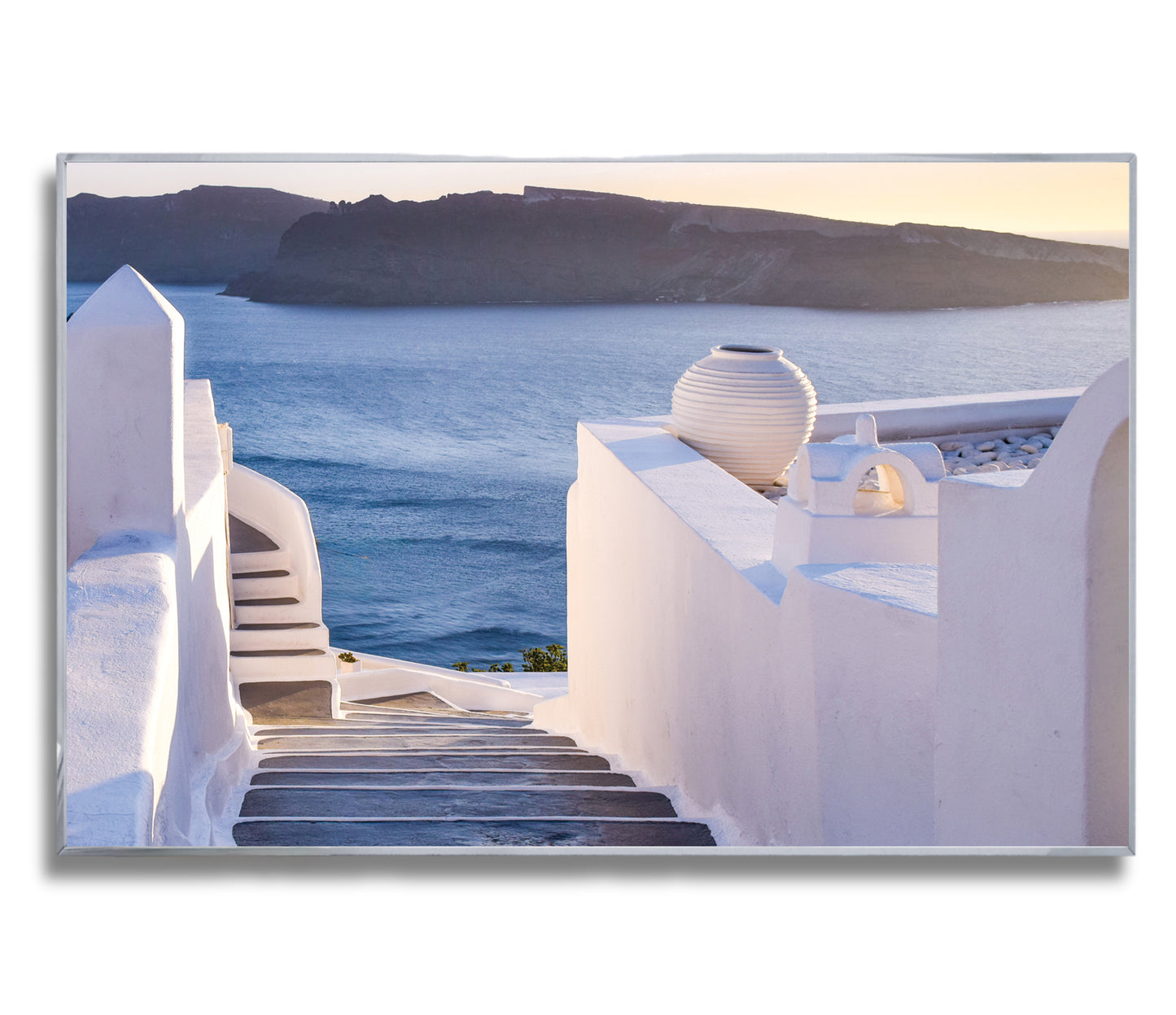 Elegant Staircase in Santorini β Sunset View Over Aegean Horizon