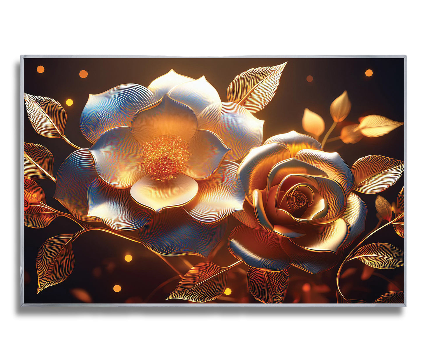 Golden rose and glowing floral wall art with metallic finish, framed in metal for an elegant and radiant luxury décor piece.