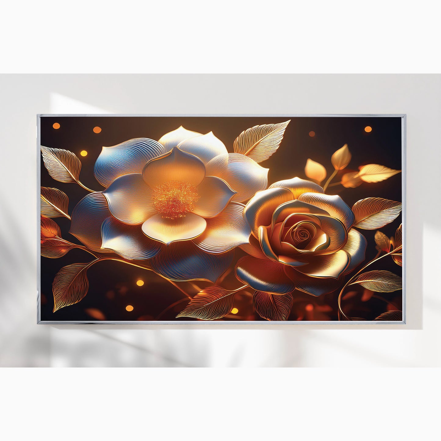 Golden Rose & Light Bloom Metal Framed Wall Art – Radiant Luxury Design