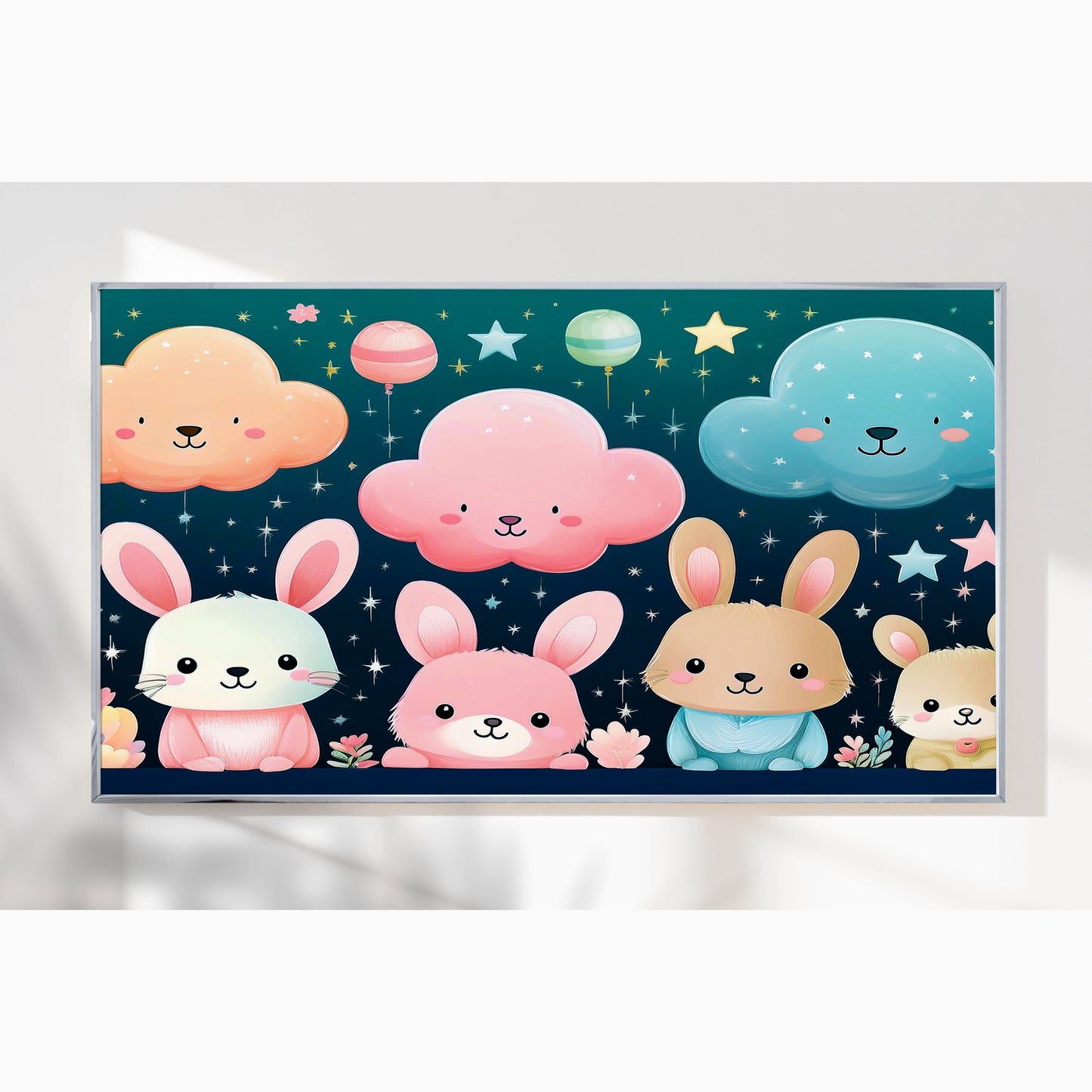 Pastel Bunny Friends and Floating Clouds – Nursery Wall Art