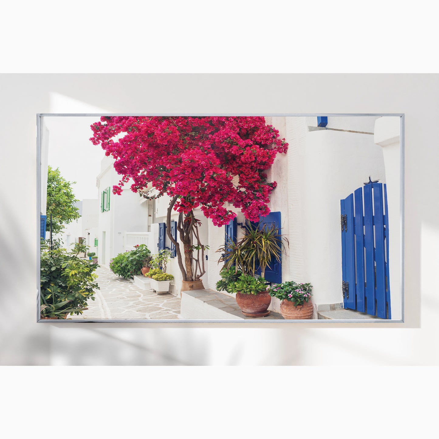 Cycladic Bloom – Bougainvillea Street Wall Art, Greek Island Floral Escape