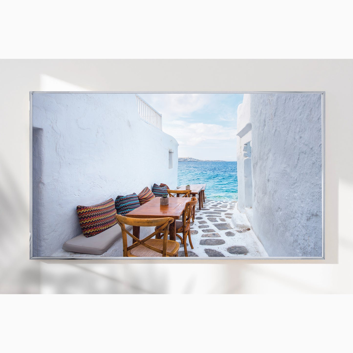 Mykonos Seaside Cafe – Greek Island Alleyway Wall Art, Coastal Dining View