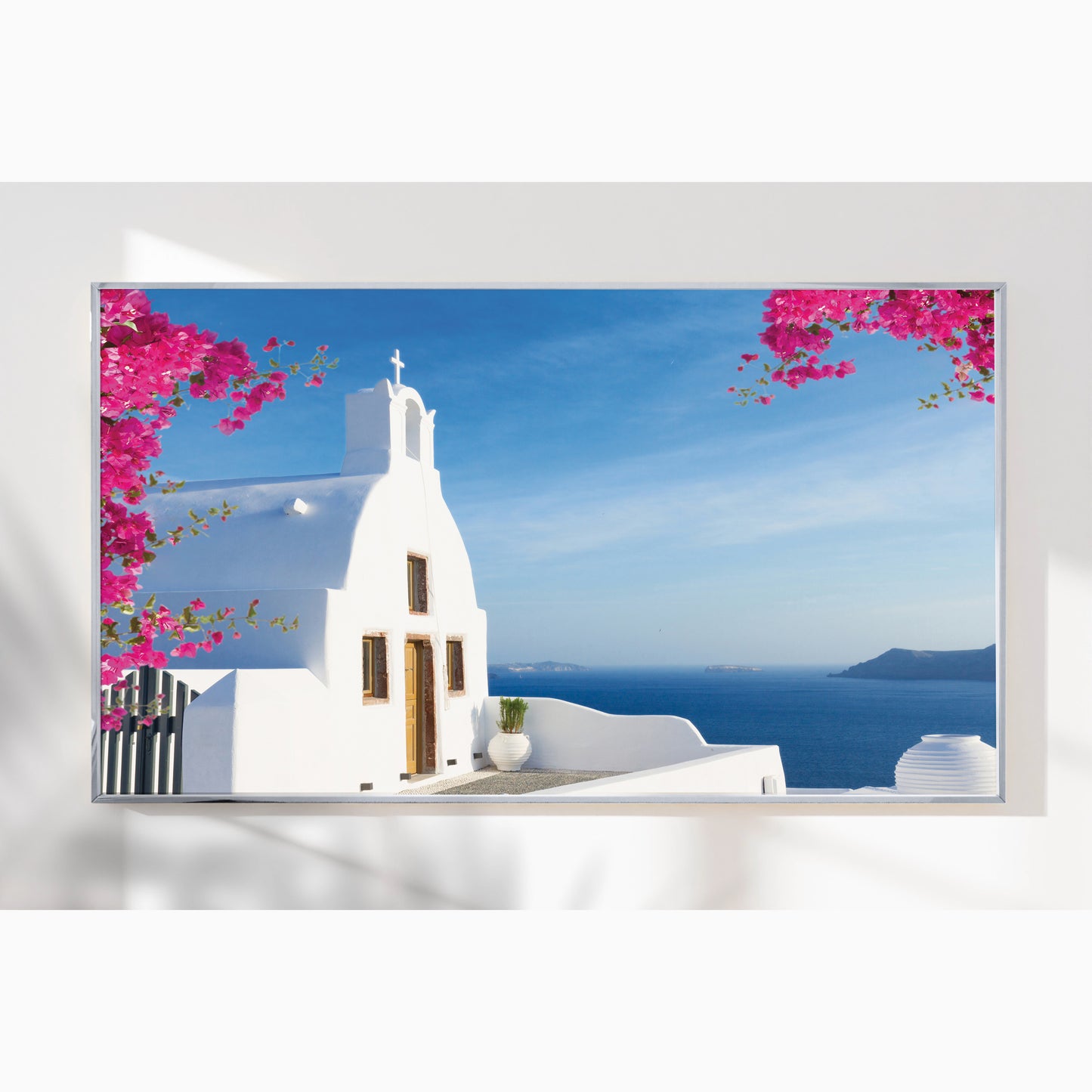 Santorini Cliffside Chapel Wall Art – Aegean Sea View with Bougainvillea Blossoms