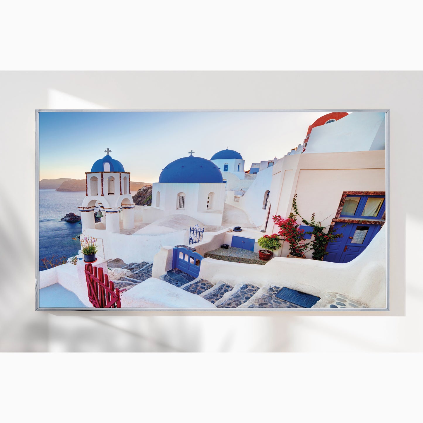Oia Sunset View – Santorini Dome Church Wall Art, Greece Blue and White Village Decor