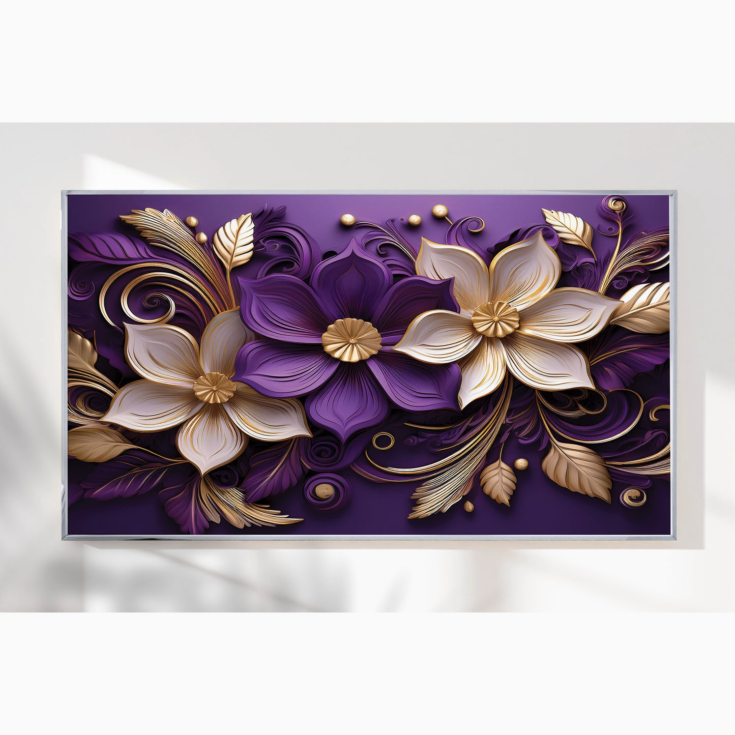 Luxury Purple & Gold Floral Metal Framed Wall Art – Elegant Botanical Design
