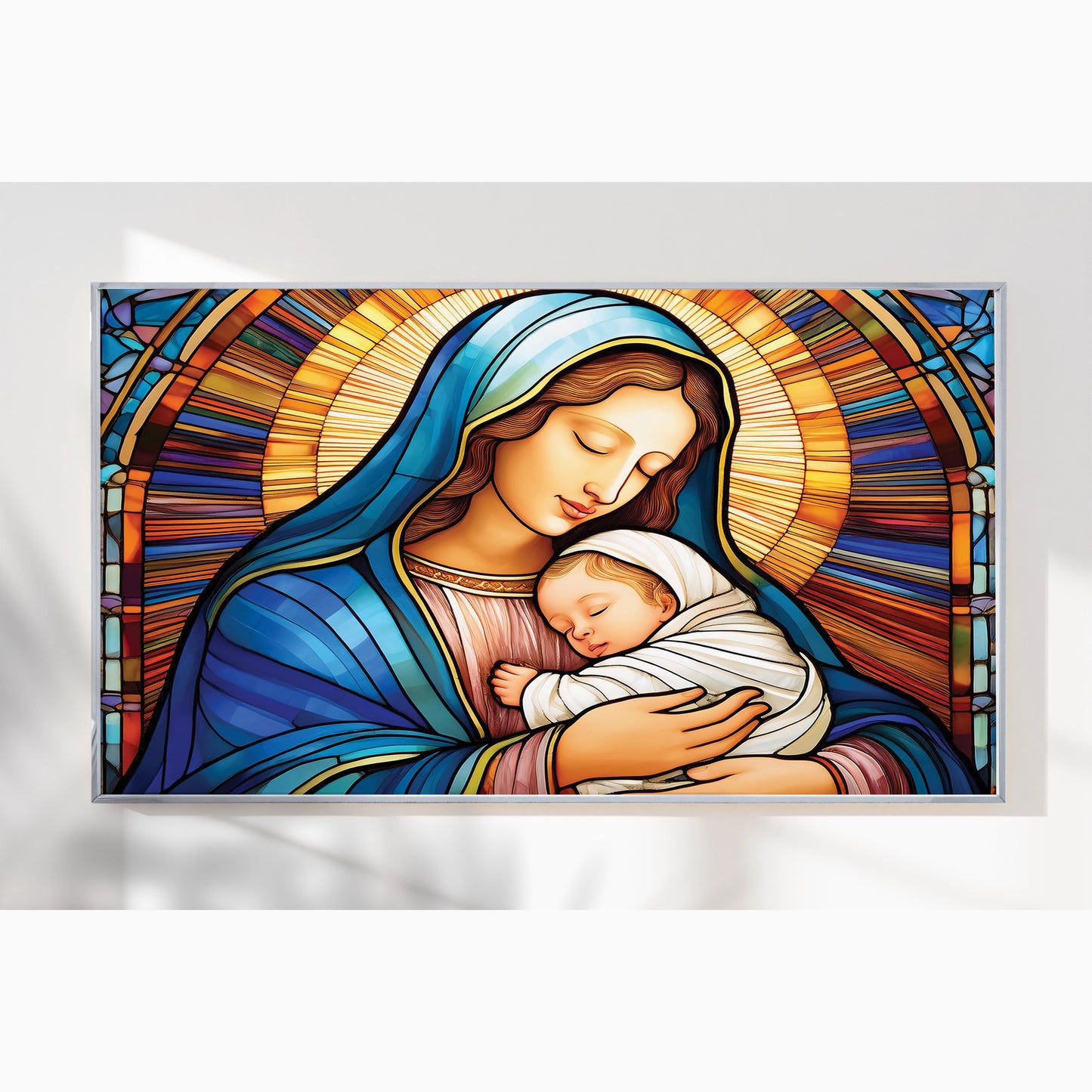 Virgin Mary and Baby Jesus Wall Art – Stained Glass Christian Décor