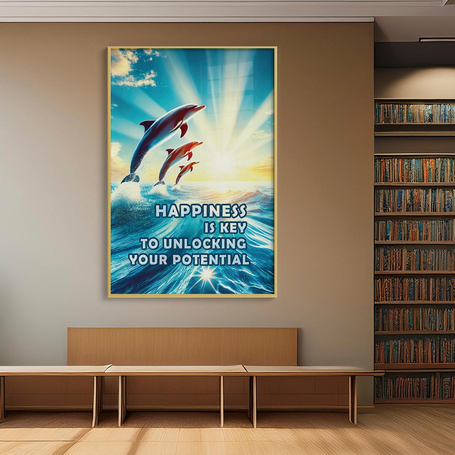 Happiness Unleashed β Dolphin Sunrise Inspirational Wall Art