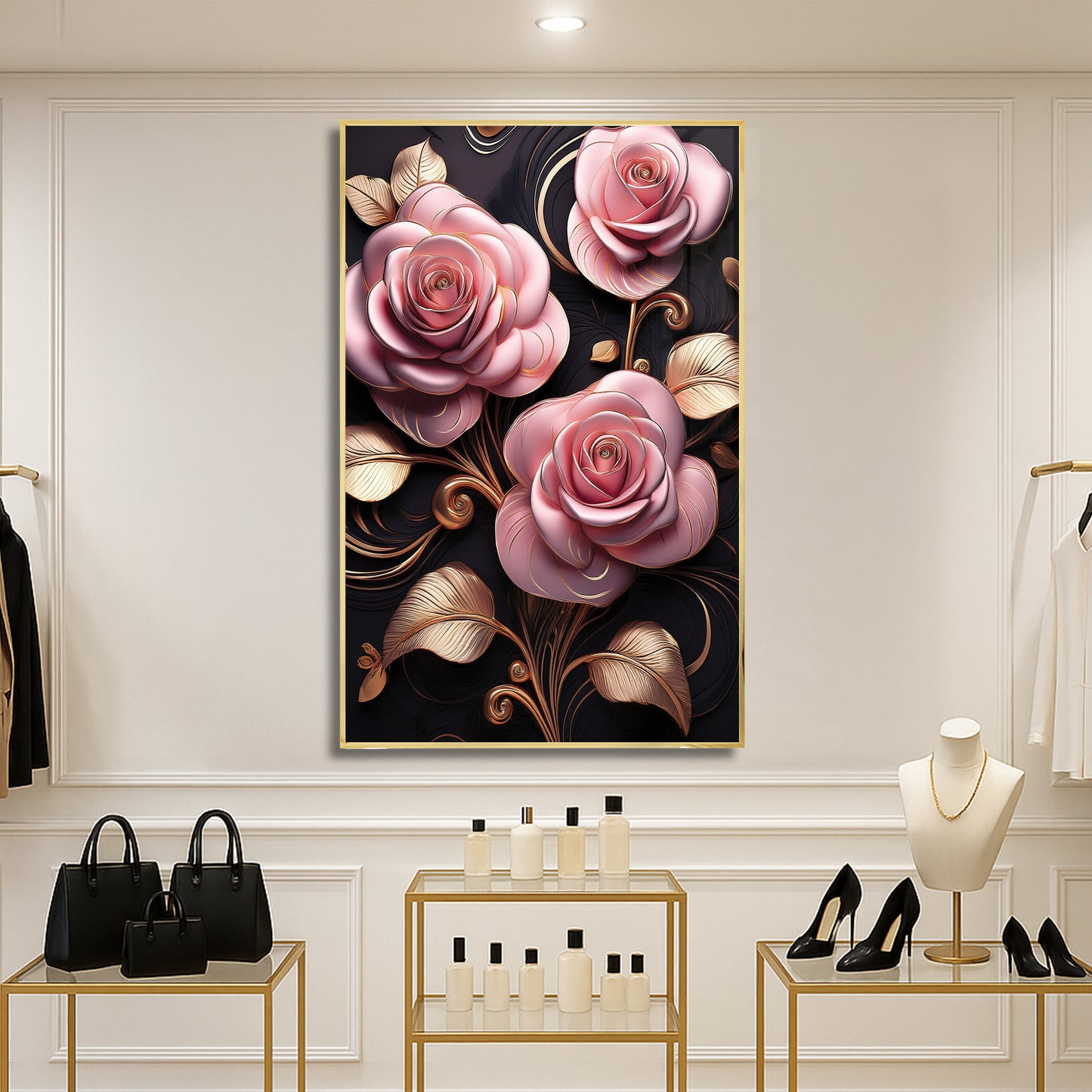 Elegant Light Pink Rose Metal Framed Wall Art – Luxury Floral Design