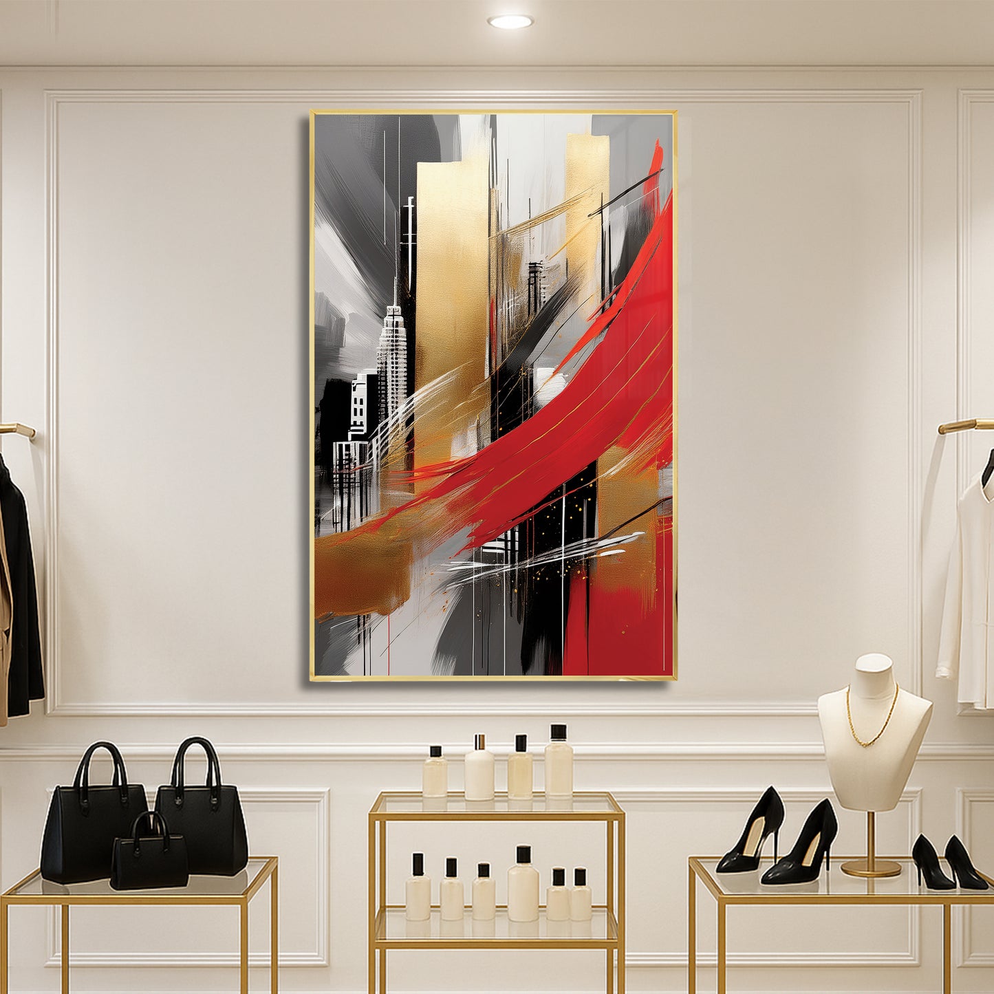 City Abstract Wall Art – Gold and Red Modern Luxury Décor