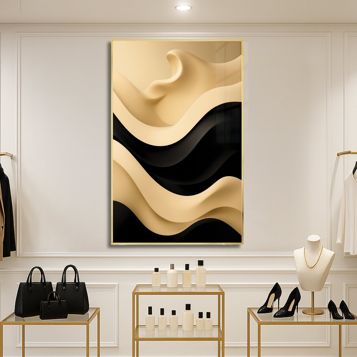 Cream and Black Wave Abstract – Minimalist Modern Wall Art