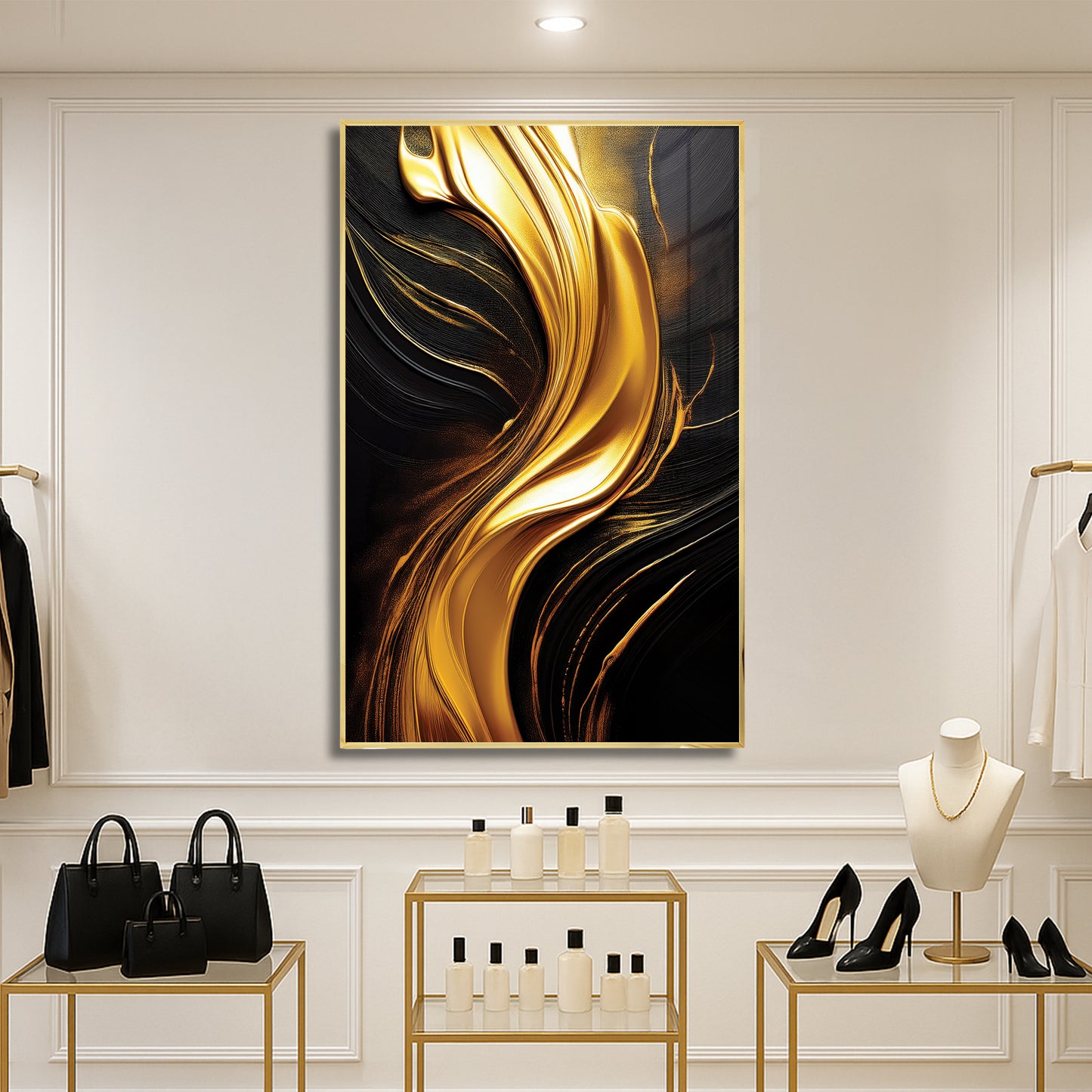 Golden Flow Abstract Wall Art – Luxury Black and Gold Décor