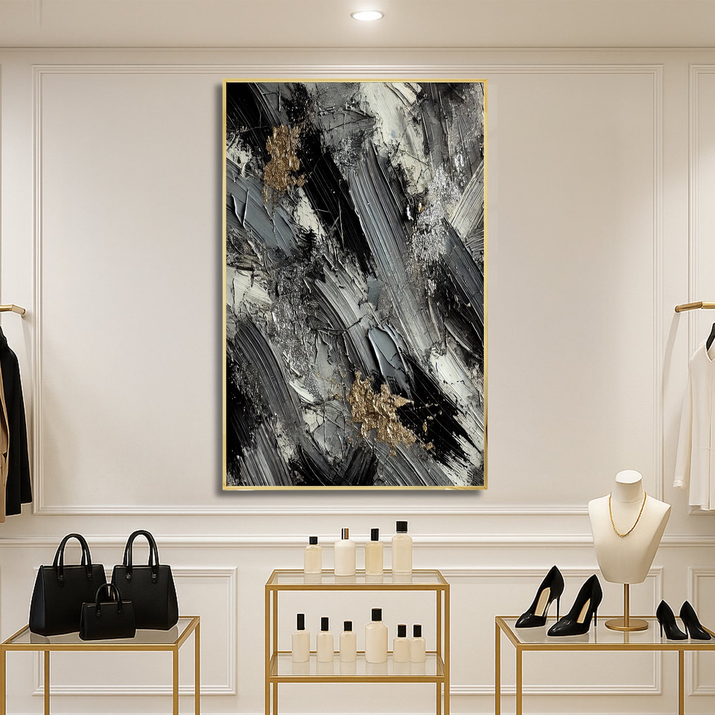 Monochrome Elegance with Metallic Highlights – Abstract Wall Art