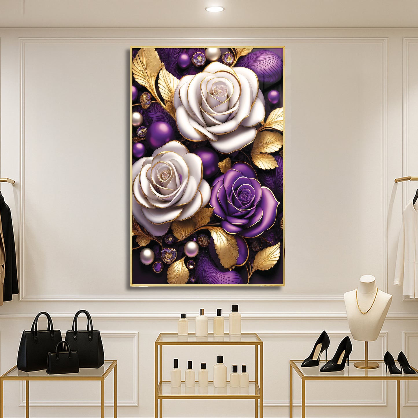 Elegant Purple & White Rose Metal Framed Wall Art – Modern Luxury Décor