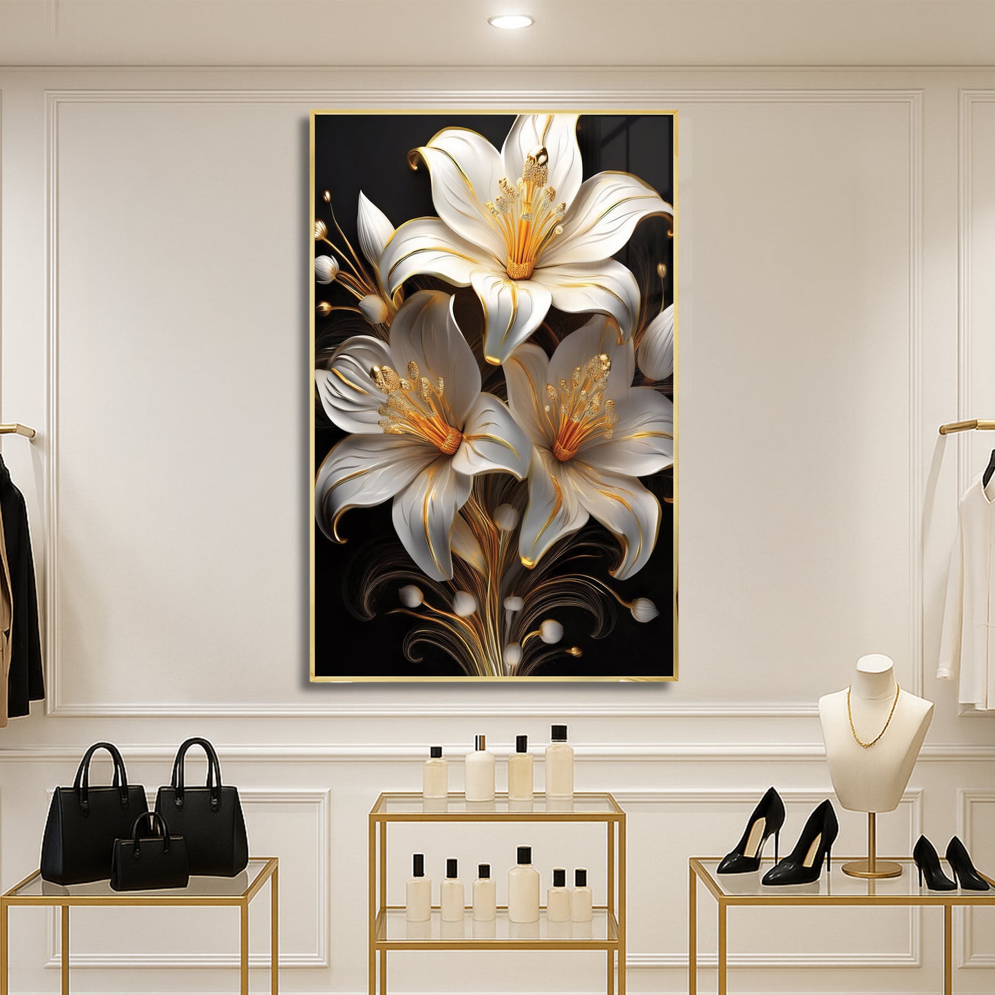 Elegant White & Gold Lily Metal Framed Wall Art – Modern Floral Luxury