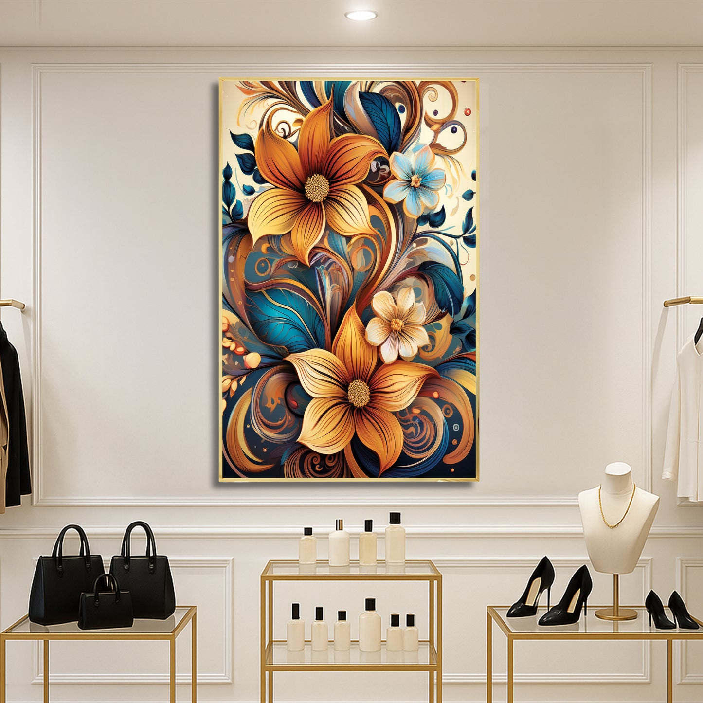Golden & Cream Floral Metal Framed Wall Art – Elegant Botanical Design