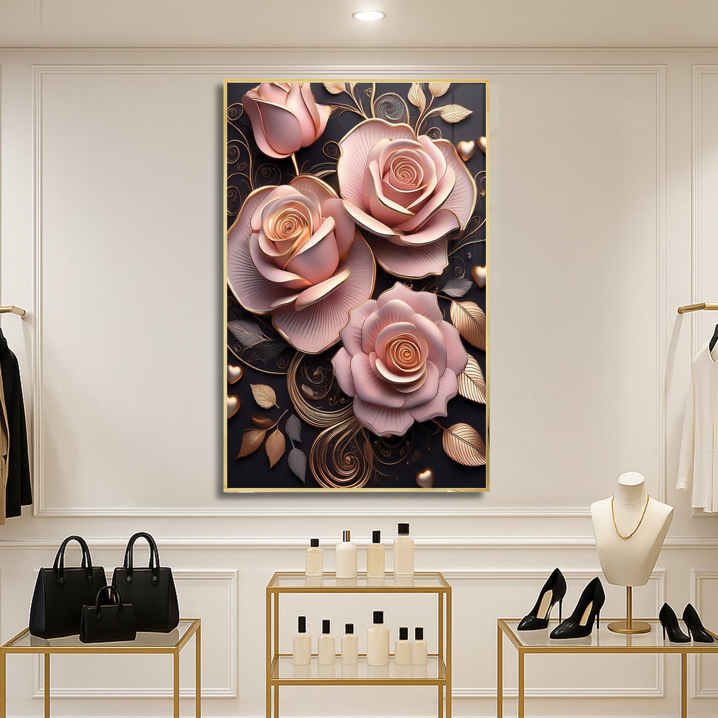 Classic Pink Rose Metal Framed Wall Art – Romantic Luxury Décor
