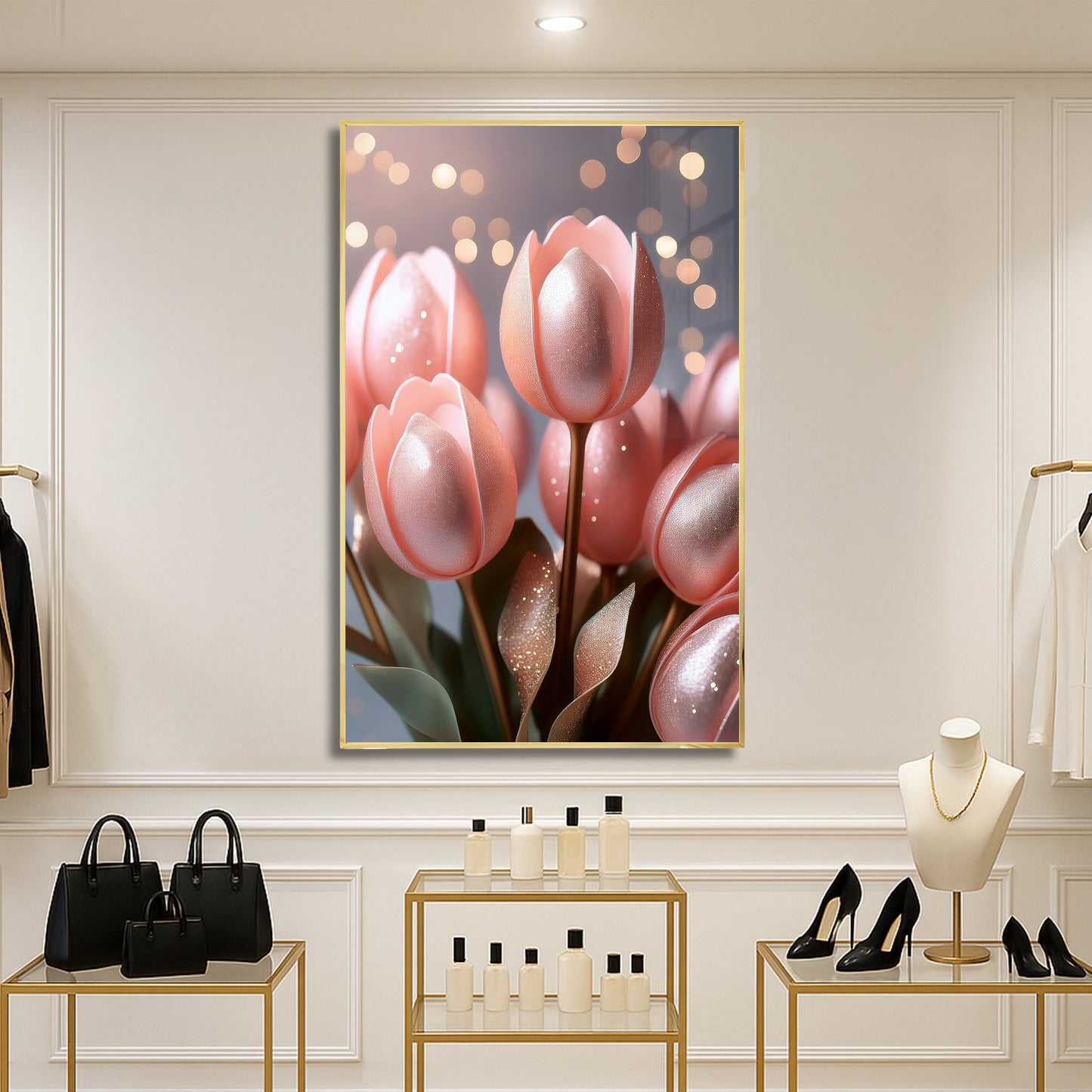 Blush Pink Tulip Bouquet Metal Framed Wall Art – Romantic Modern Décor
