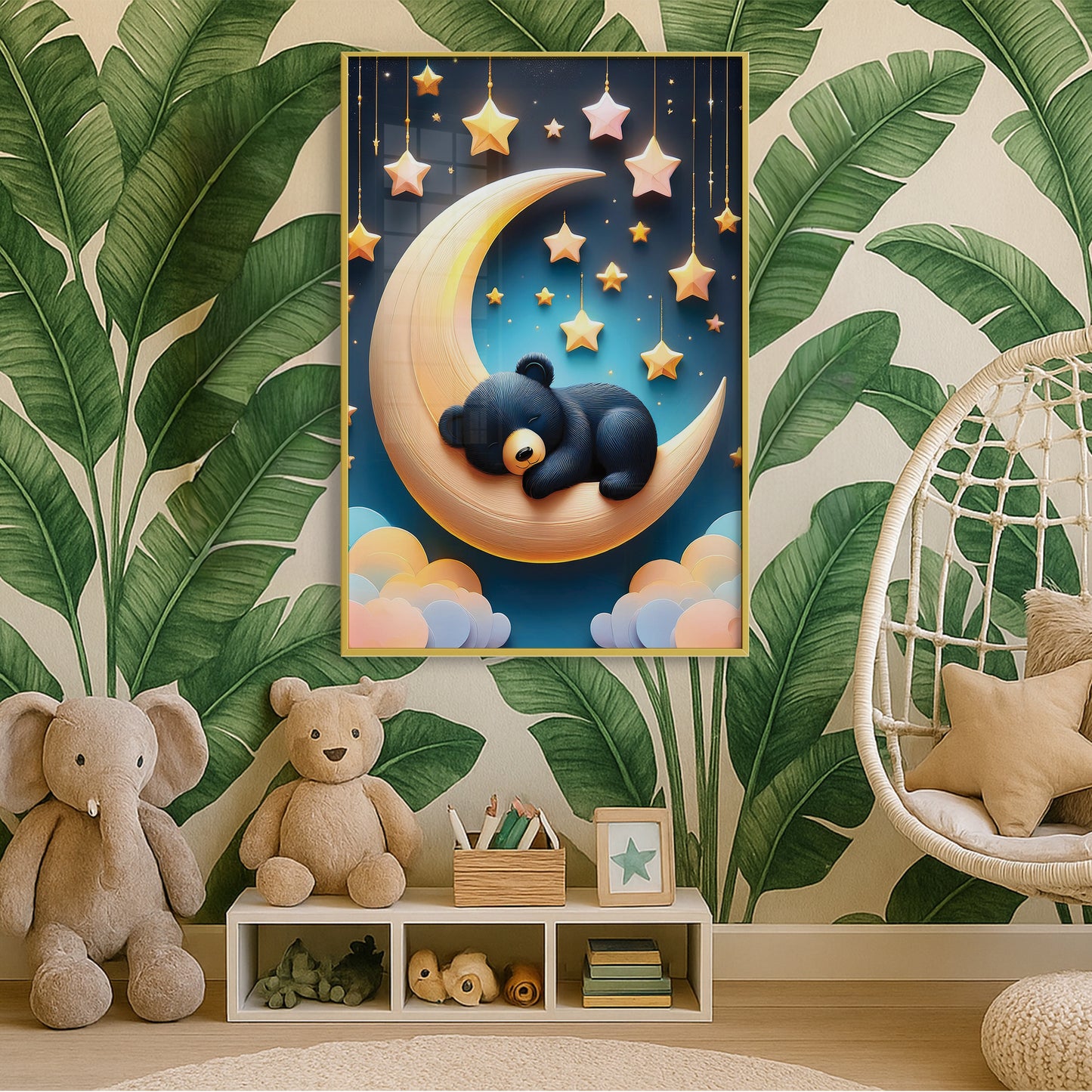 Sleeping Black Bear on Crescent Moon – Dreamy Nursery Wall Art