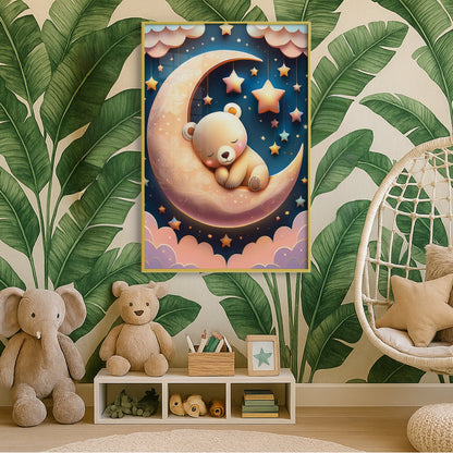 Golden Moon & Sleeping Brown Bear – Gentle Night Sky Wall Art for Nursery Decor