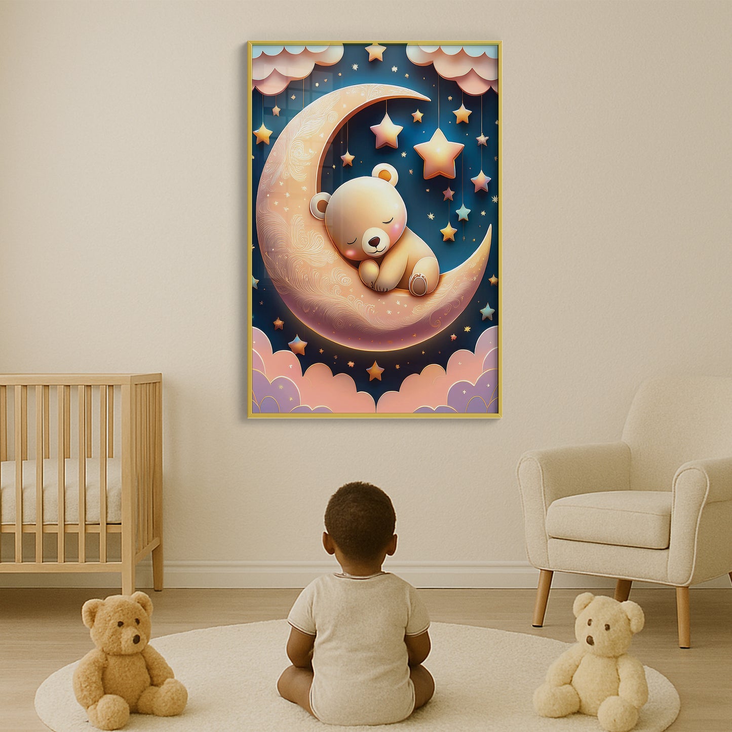 Golden Moon & Sleeping Brown Bear – Gentle Night Sky Wall Art for Nursery Decor