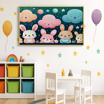 Pastel Bunny Friends and Floating Clouds – Nursery Wall Art