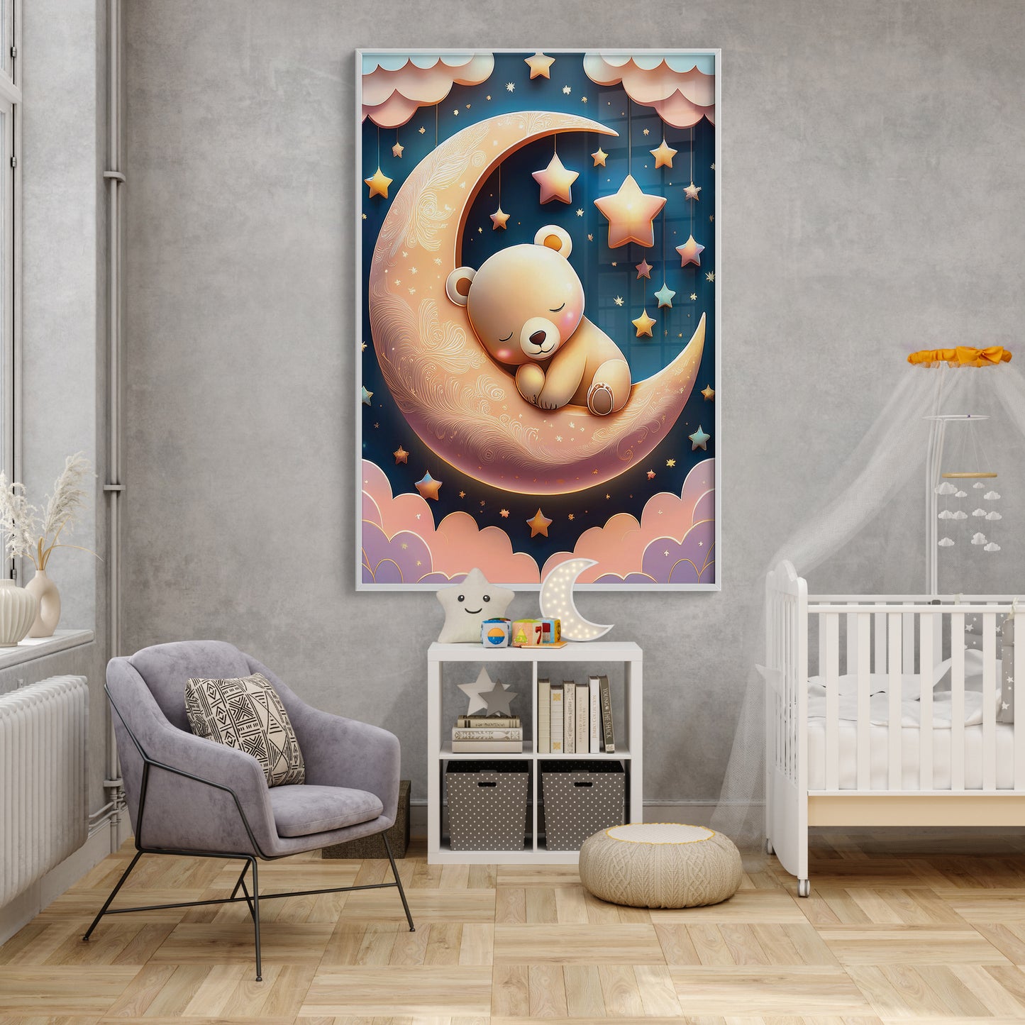 Golden Moon & Sleeping Brown Bear – Gentle Night Sky Wall Art for Nursery Decor