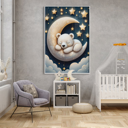 White Bear Asleep on Lunar Moon – Starry Night Nursery Wall Decor
