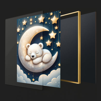 White Bear Asleep on Lunar Moon – Starry Night Nursery Wall Decor