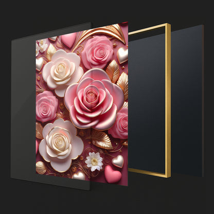 Romantic Pink & White Rose Metal Framed Wall Art – Luxury Floral Design