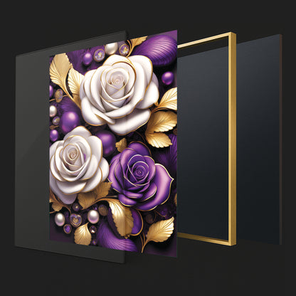 Elegant Purple & White Rose Metal Framed Wall Art – Modern Luxury Décor