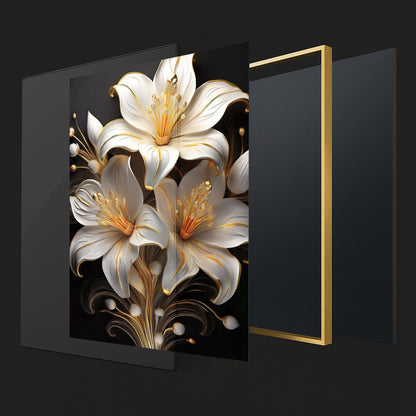 Elegant White & Gold Lily Metal Framed Wall Art – Modern Floral Luxury