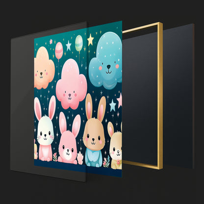 Pastel Bunny Friends and Floating Clouds – Nursery Wall Art